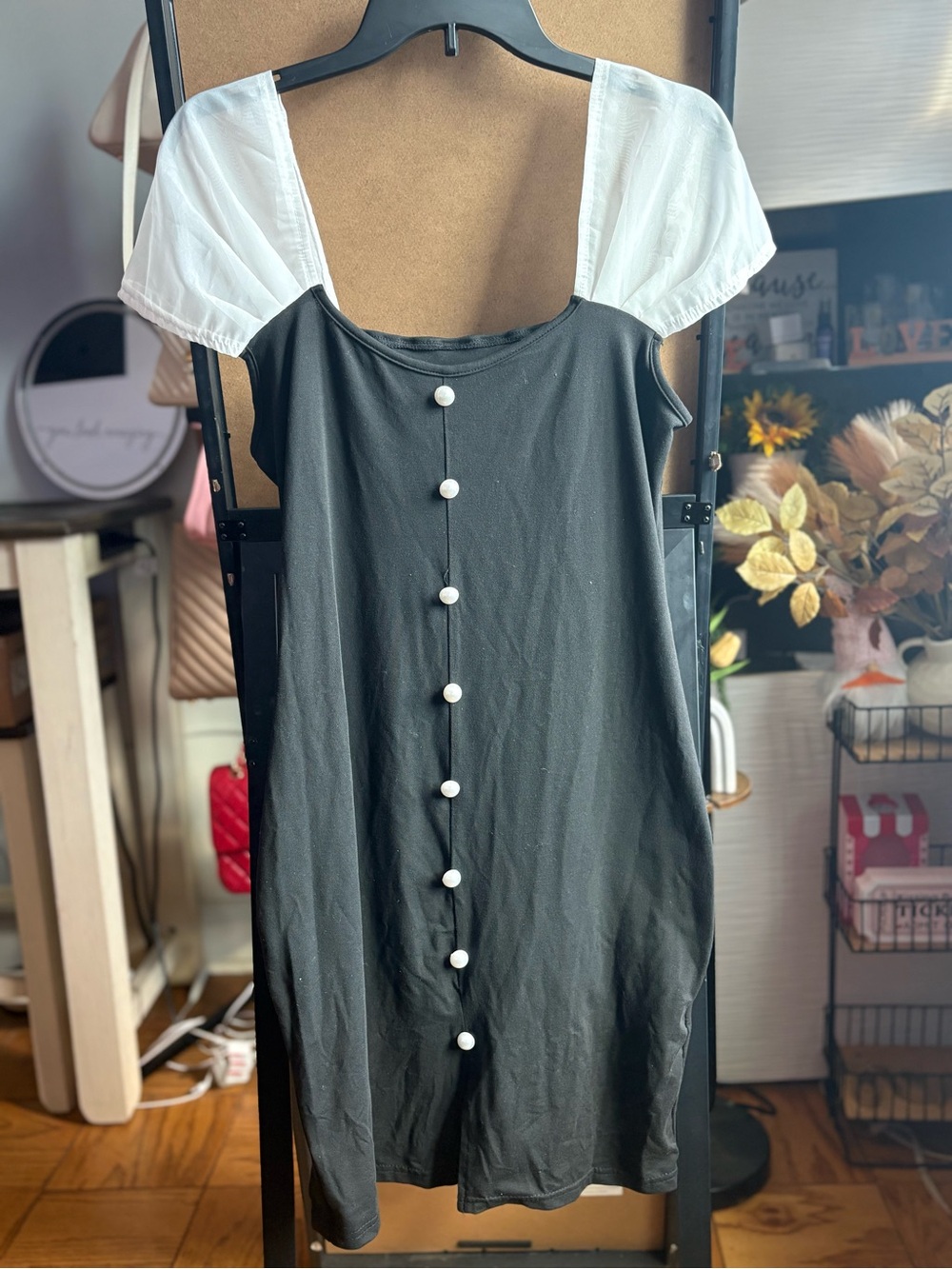 SHEIN Black Midi Dress with White Puff Sleeves and Front Buttons